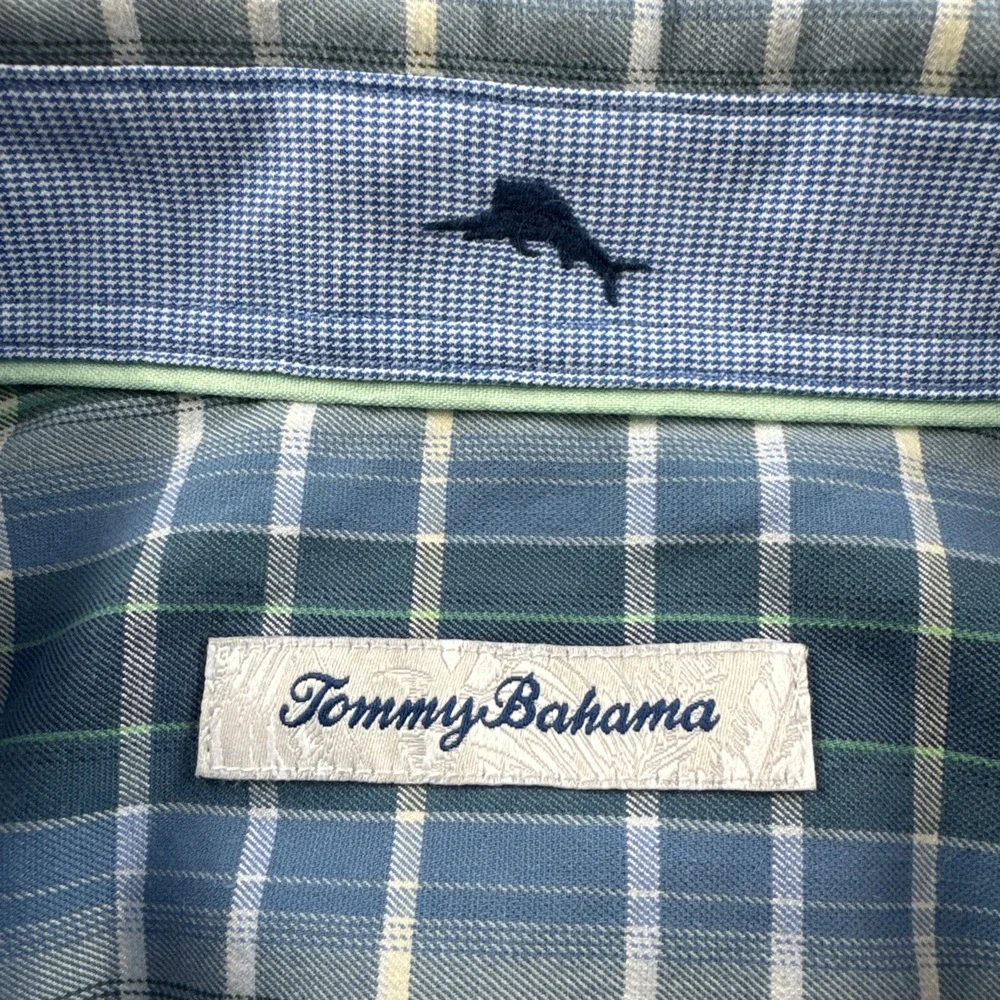 Tommy Bahama Silk Blend Shirt Mens 2XLB Blue Plaid Long Sleeve Button Up Preppy